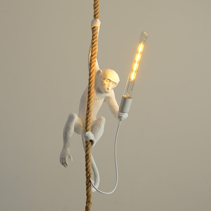 Resin Monkey Pendulum Light Novelty Lodge 1 Head Restaurant Ceiling Pendant in Gold/Black/White with Rope Cord Clearhalo 'Ceiling Lights' 'Industrial Pendants' 'Industrial' 'Middle Century Pendants' 'Pendant Lights' 'Pendants' 'Tiffany' Lighting' 1911861