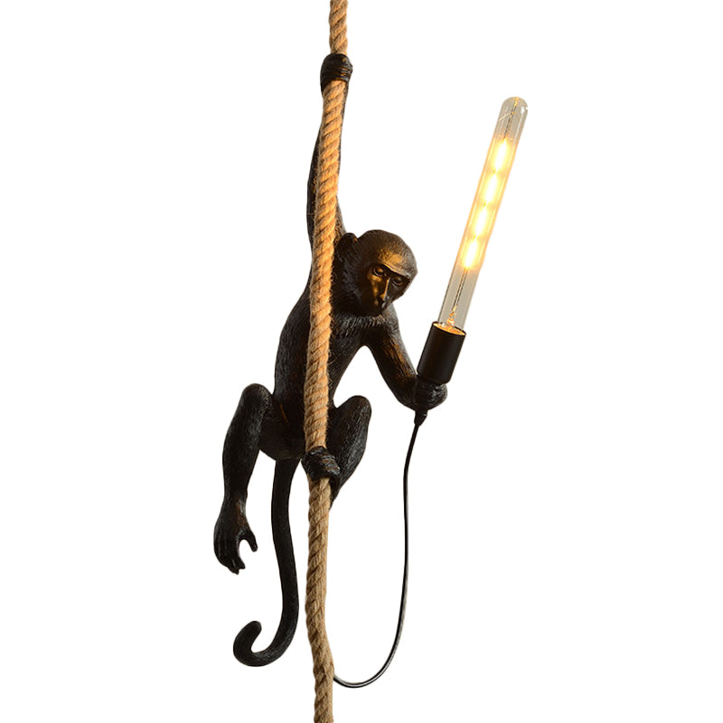 Resin Monkey Pendulum Light Novelty Lodge 1 Head Restaurant Ceiling Pendant in Gold/Black/White with Rope Cord Black Clearhalo 'Ceiling Lights' 'Industrial Pendants' 'Industrial' 'Middle Century Pendants' 'Pendant Lights' 'Pendants' 'Tiffany' Lighting' 1911863