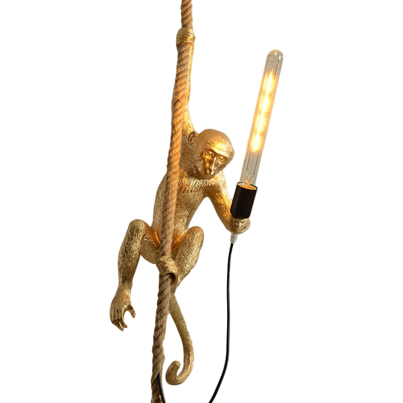 Resin Monkey Pendulum Light Novelty Lodge 1 Head Restaurant Ceiling Pendant in Gold/Black/White with Rope Cord Gold Clearhalo 'Ceiling Lights' 'Industrial Pendants' 'Industrial' 'Middle Century Pendants' 'Pendant Lights' 'Pendants' 'Tiffany' Lighting' 1911865