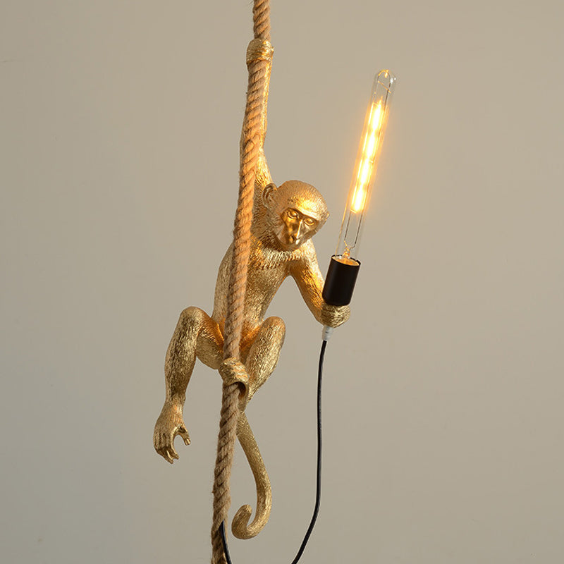 Resin Monkey Pendulum Light Novelty Lodge 1 Head Restaurant Ceiling Pendant in Gold/Black/White with Rope Cord Clearhalo 'Ceiling Lights' 'Industrial Pendants' 'Industrial' 'Middle Century Pendants' 'Pendant Lights' 'Pendants' 'Tiffany' Lighting' 1911866