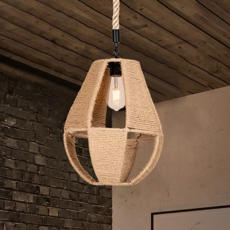 Teardrop Hand-Woven Rope Pendant Light Farmhouse 1-Light Bistro Hollowed Design Hanging Lamp in Brown Brown Clearhalo 'Ceiling Lights' 'Industrial Pendants' 'Industrial' 'Middle Century Pendants' 'Pendant Lights' 'Pendants' 'Tiffany' Lighting' 1911867