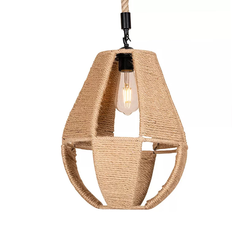 Teardrop Hand-Woven Rope Pendant Light Farmhouse 1-Light Bistro Hollowed Design Hanging Lamp in Brown Clearhalo 'Ceiling Lights' 'Industrial Pendants' 'Industrial' 'Middle Century Pendants' 'Pendant Lights' 'Pendants' 'Tiffany' Lighting' 1911869