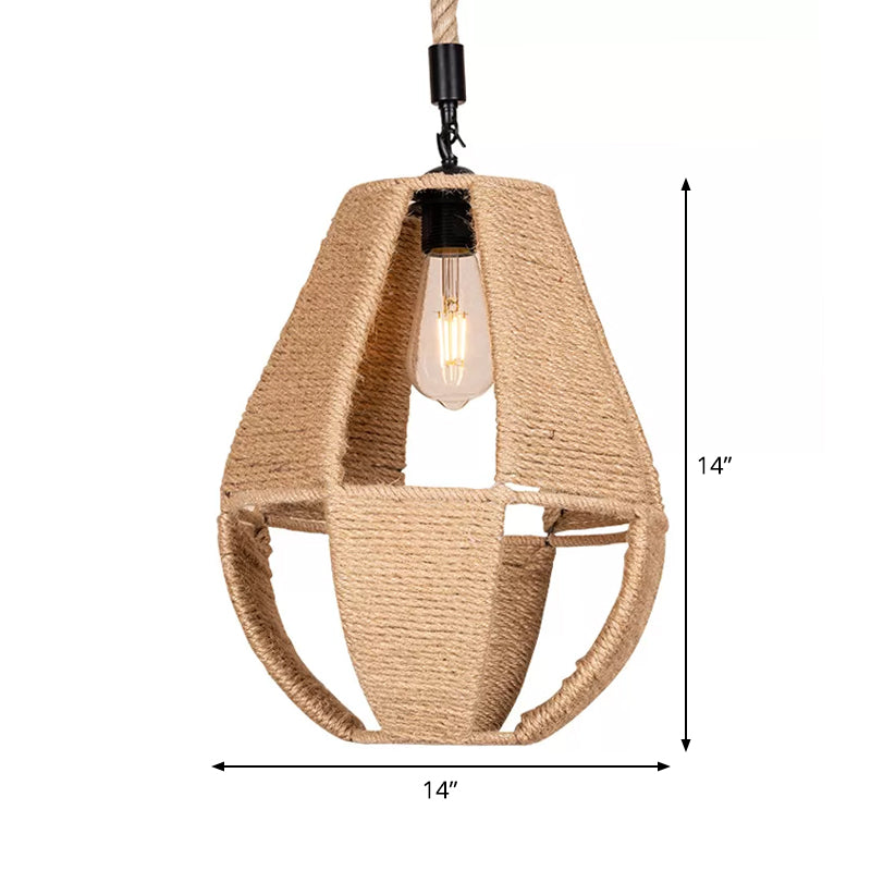 Teardrop Hand-Woven Rope Pendant Light Farmhouse 1-Light Bistro Hollowed Design Hanging Lamp in Brown Clearhalo 'Ceiling Lights' 'Industrial Pendants' 'Industrial' 'Middle Century Pendants' 'Pendant Lights' 'Pendants' 'Tiffany' Lighting' 1911871