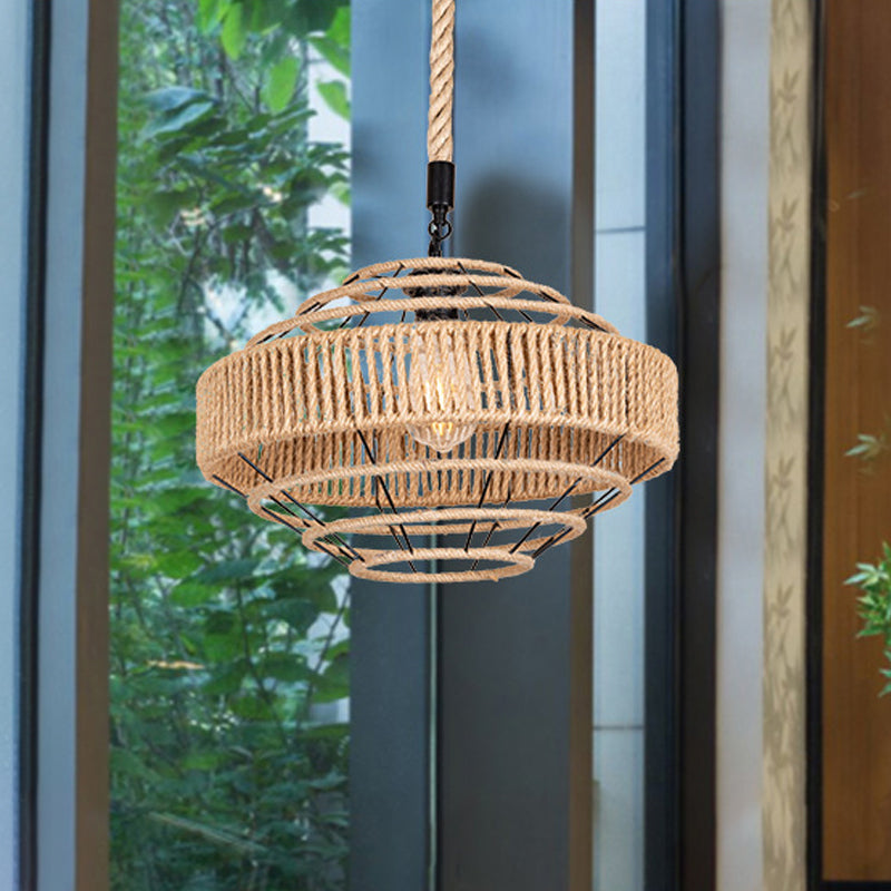 Farmhouse Gyro Shaped Drop Pendant 1-Light Natural Rope Hanging Light Fixture in Brown Clearhalo 'Ceiling Lights' 'Industrial Pendants' 'Industrial' 'Middle Century Pendants' 'Pendant Lights' 'Pendants' 'Tiffany' Lighting' 1911878