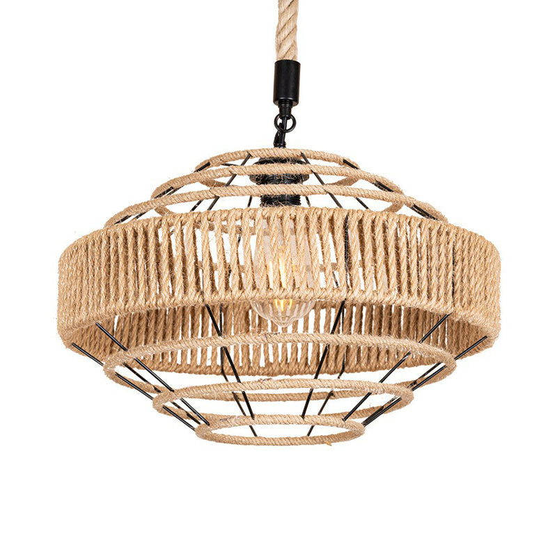 Farmhouse Gyro Shaped Drop Pendant 1-Light Natural Rope Hanging Light Fixture in Brown Clearhalo 'Ceiling Lights' 'Industrial Pendants' 'Industrial' 'Middle Century Pendants' 'Pendant Lights' 'Pendants' 'Tiffany' Lighting' 1911879