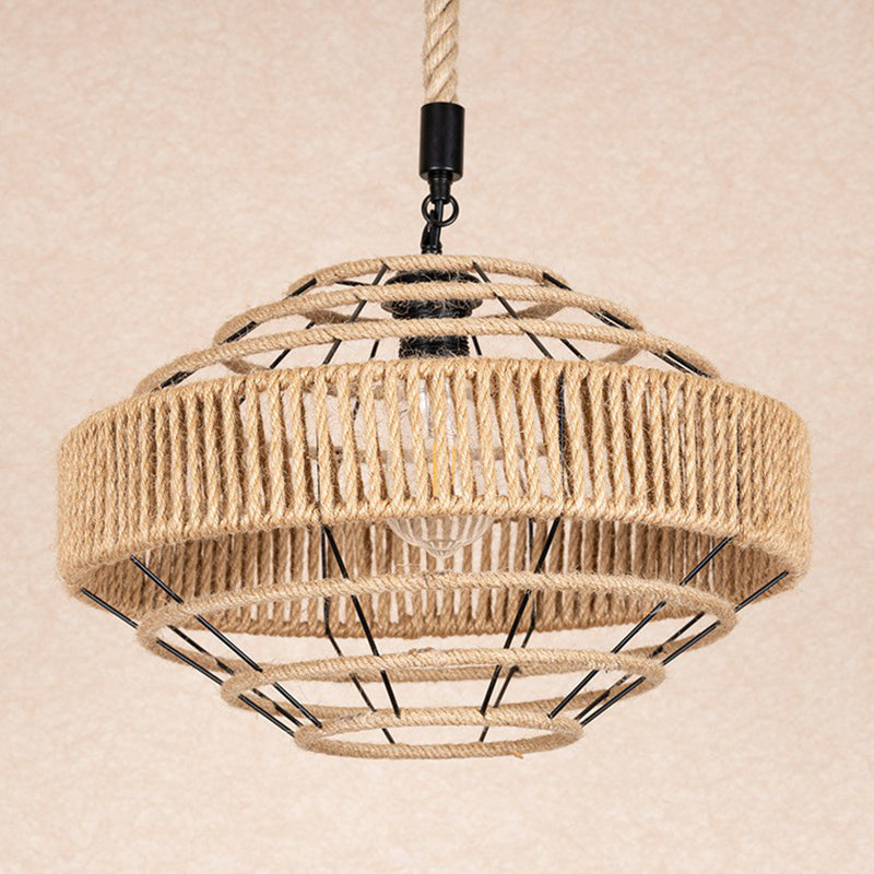 Farmhouse Gyro Shaped Drop Pendant 1-Light Natural Rope Hanging Light Fixture in Brown Clearhalo 'Ceiling Lights' 'Industrial Pendants' 'Industrial' 'Middle Century Pendants' 'Pendant Lights' 'Pendants' 'Tiffany' Lighting' 1911880