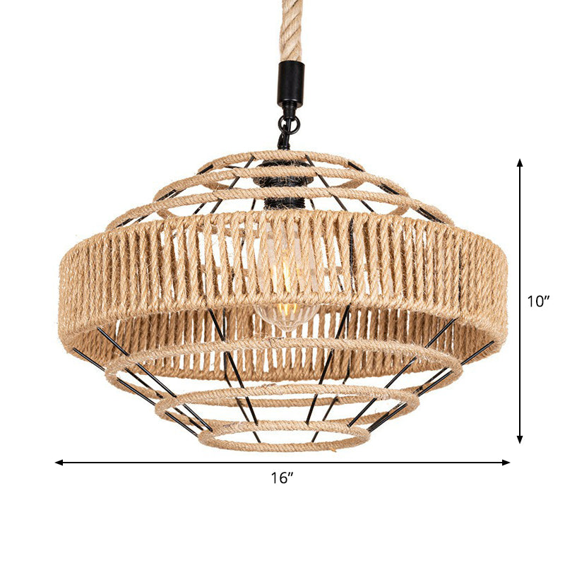 Farmhouse Gyro Shaped Drop Pendant 1-Light Natural Rope Hanging Light Fixture in Brown Clearhalo 'Ceiling Lights' 'Industrial Pendants' 'Industrial' 'Middle Century Pendants' 'Pendant Lights' 'Pendants' 'Tiffany' Lighting' 1911881
