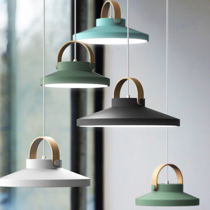 Wood-Handled Pot Lid Suspension Pendant Kitchen Iron Nordic LED Pendulum Light in Green/Black/White Clearhalo 'Ceiling Lights' 'Pendant Lights' 'Pendants' Lighting' 1911925