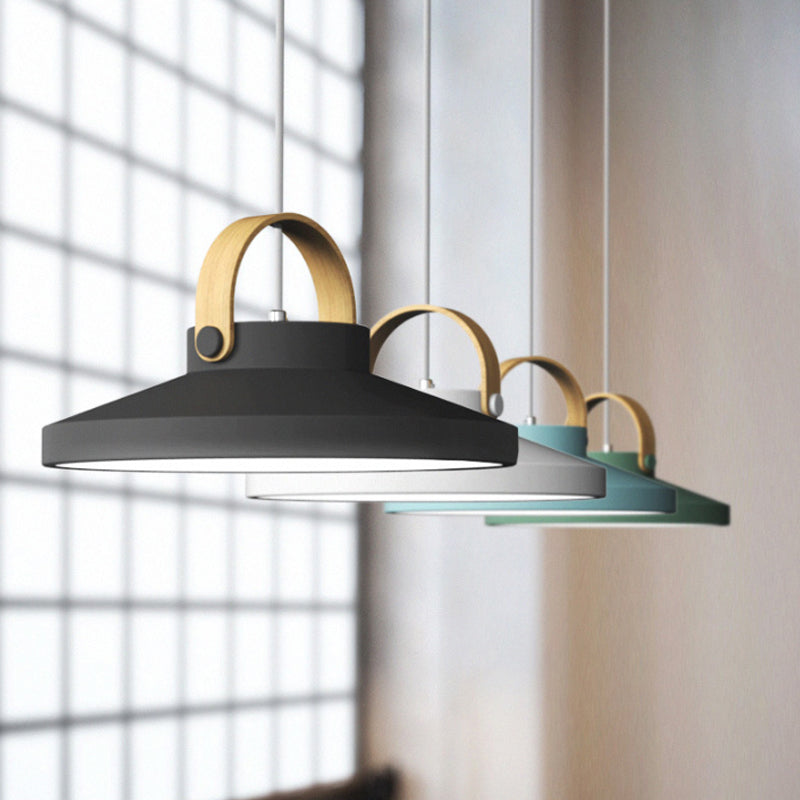 Wood-Handled Pot Lid Suspension Pendant Kitchen Iron Nordic LED Pendulum Light in Green/Black/White Clearhalo 'Ceiling Lights' 'Pendant Lights' 'Pendants' Lighting' 1911926