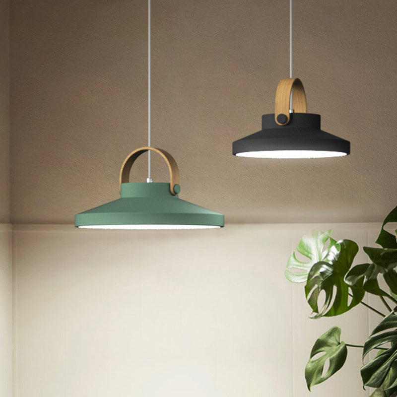 Wood-Handled Pot Lid Suspension Pendant Kitchen Iron Nordic LED Pendulum Light in Green/Black/White Clearhalo 'Ceiling Lights' 'Pendant Lights' 'Pendants' Lighting' 1911930