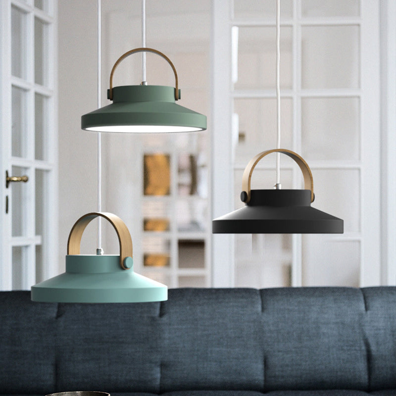 Wood-Handled Pot Lid Suspension Pendant Kitchen Iron Nordic LED Pendulum Light in Green/Black/White Clearhalo 'Ceiling Lights' 'Pendant Lights' 'Pendants' Lighting' 1911937