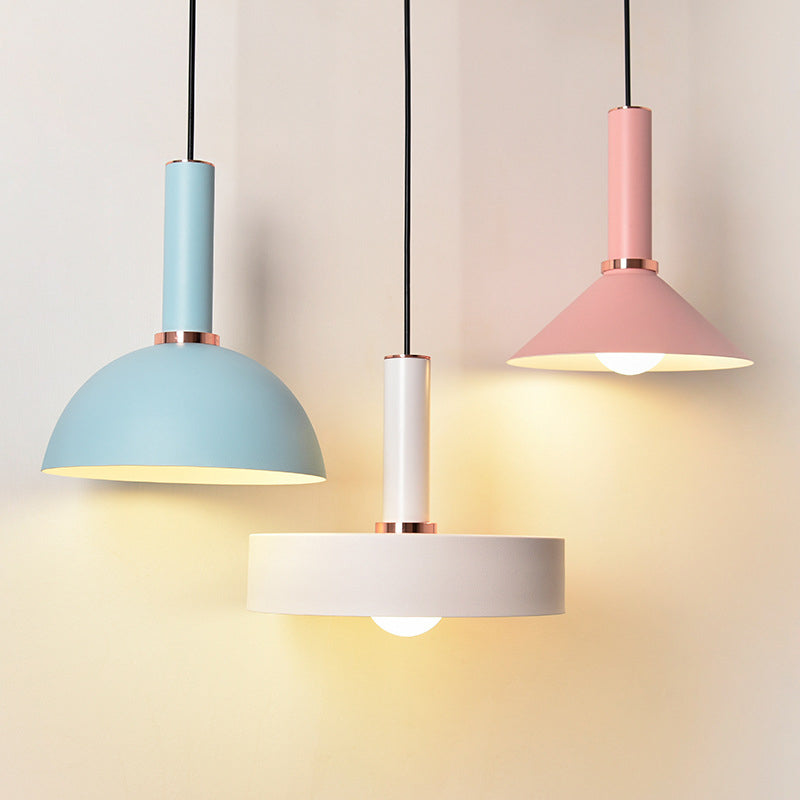 Aluminum Dome/Cone Drop Pendant Macaron 1-Light Pink/Blue Pendulum Light with Grip for Restaurant Clearhalo 'Ceiling Lights' 'Pendant Lights' 'Pendants' Lighting' 1911967