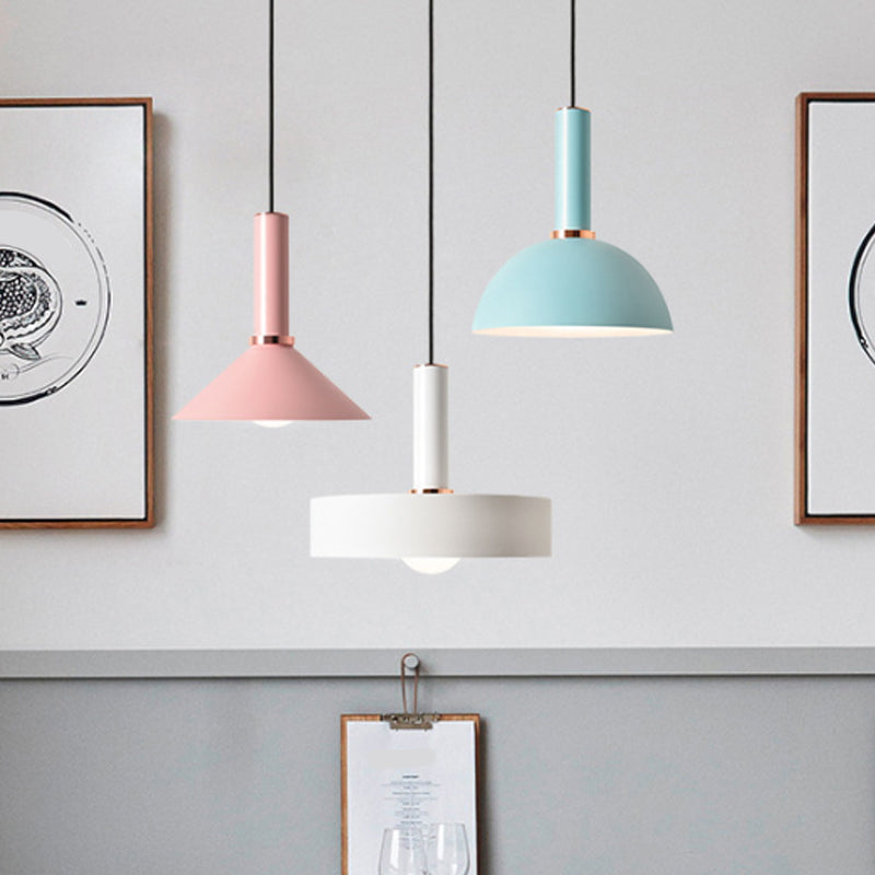 Aluminum Dome/Cone Drop Pendant Macaron 1-Light Pink/Blue Pendulum Light with Grip for Restaurant Clearhalo 'Ceiling Lights' 'Pendant Lights' 'Pendants' Lighting' 1911968