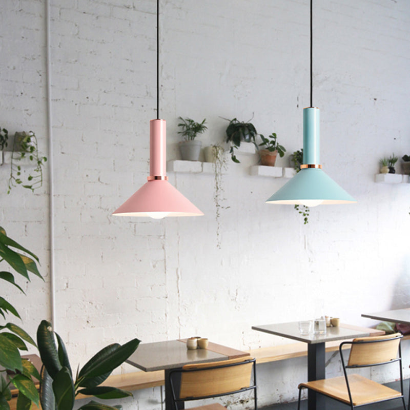 Aluminum Dome/Cone Drop Pendant Macaron 1-Light Pink/Blue Pendulum Light with Grip for Restaurant Clearhalo 'Ceiling Lights' 'Pendant Lights' 'Pendants' Lighting' 1911969