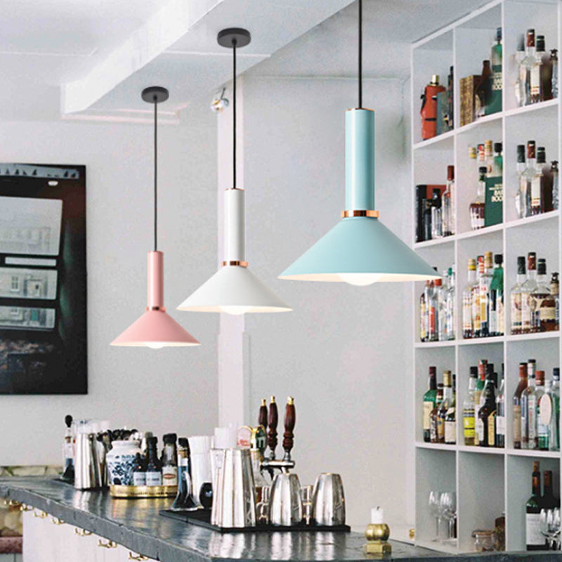 Aluminum Dome/Cone Drop Pendant Macaron 1-Light Pink/Blue Pendulum Light with Grip for Restaurant Blue Cone Clearhalo 'Ceiling Lights' 'Pendant Lights' 'Pendants' Lighting' 1911972_a659de6e-7b64-4484-a043-a9741ebbb3ce