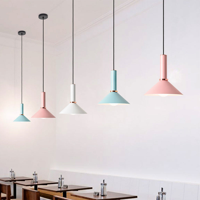 Aluminum Dome/Cone Drop Pendant Macaron 1-Light Pink/Blue Pendulum Light with Grip for Restaurant Clearhalo 'Ceiling Lights' 'Pendant Lights' 'Pendants' Lighting' 1911973