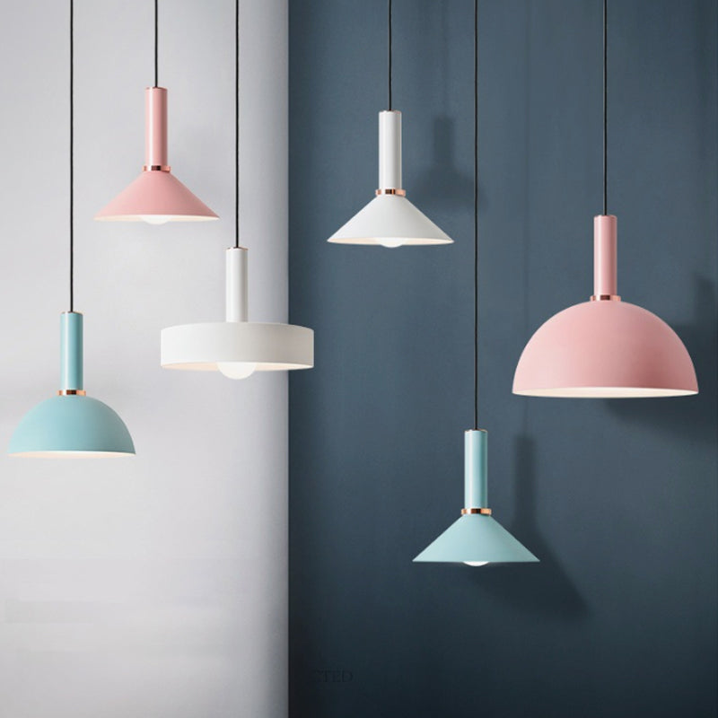 Aluminum Dome/Cone Drop Pendant Macaron 1-Light Pink/Blue Pendulum Light with Grip for Restaurant Pink Dome Clearhalo 'Ceiling Lights' 'Pendant Lights' 'Pendants' Lighting' 1911975_120a3ed3-cb4d-4ff2-8304-748a23b9d89d