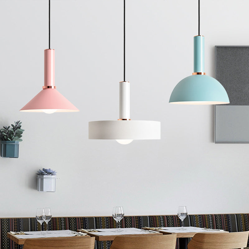 Aluminum Dome/Cone Drop Pendant Macaron 1-Light Pink/Blue Pendulum Light with Grip for Restaurant Clearhalo 'Ceiling Lights' 'Pendant Lights' 'Pendants' Lighting' 1911979