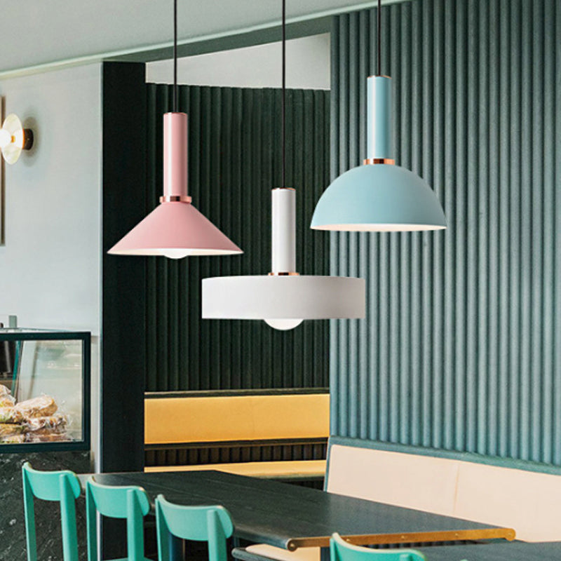 Aluminum Dome/Cone Drop Pendant Macaron 1-Light Pink/Blue Pendulum Light with Grip for Restaurant Clearhalo 'Ceiling Lights' 'Pendant Lights' 'Pendants' Lighting' 1911981