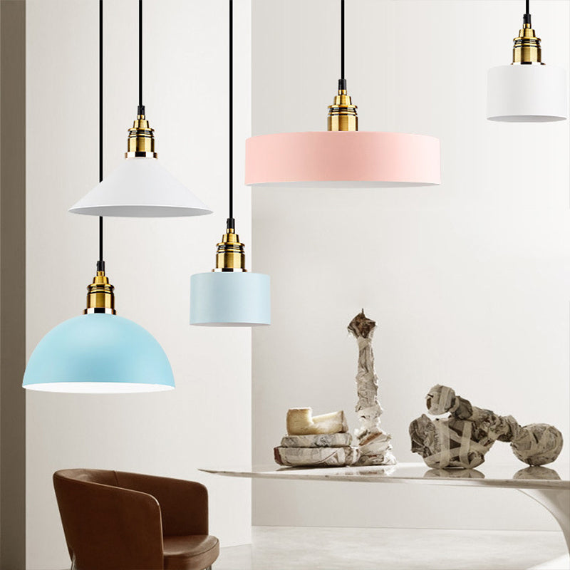 Dome/Cylinder/Cone Iron Hanging Light Macaron Single White/Pink/Blue and Brass Ceiling Pendant Light for Bedside Clearhalo 'Ceiling Lights' 'Pendant Lights' 'Pendants' Lighting' 1911983