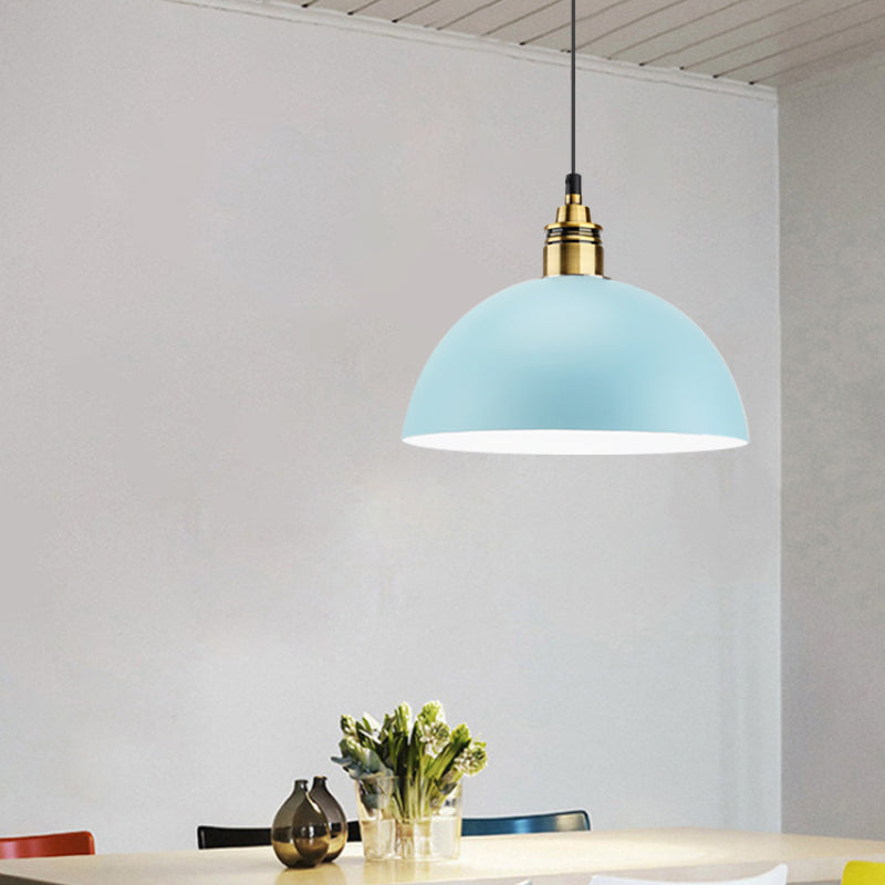 Dome/Cylinder/Cone Iron Hanging Light Macaron Single White/Pink/Blue and Brass Ceiling Pendant Light for Bedside Light Blue Clearhalo 'Ceiling Lights' 'Pendant Lights' 'Pendants' Lighting' 1911997_7360ab13-a289-4973-af7e-e73857cc7265