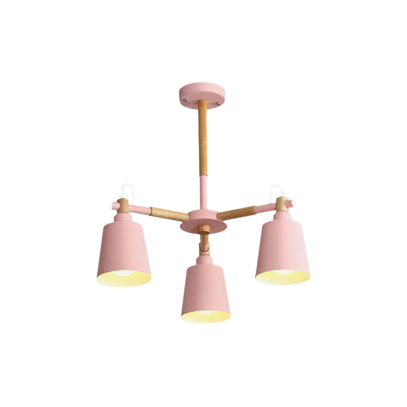 Macaroon Tapered Shade Hanging Ceiling Lamp Metal and Wood 3 Lights Hanging Pendant Fixture for Living Room Clearhalo 'Ceiling Lights' 'Chandeliers' Lighting' options 191202
