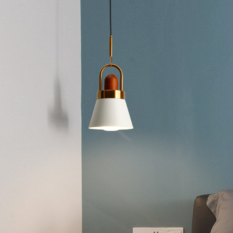 Tapered Shade Bedside Hanging Lamp Metal Single Macaron Pendant Light in Grey/White/Pink with Handle and Wood Cork Clearhalo 'Ceiling Lights' 'Pendant Lights' 'Pendants' Lighting' 1912025