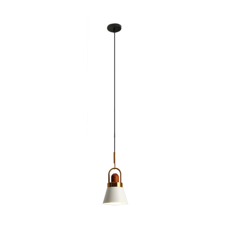 Tapered Shade Bedside Hanging Lamp Metal Single Macaron Pendant Light in Grey/White/Pink with Handle and Wood Cork Clearhalo 'Ceiling Lights' 'Pendant Lights' 'Pendants' Lighting' 1912026