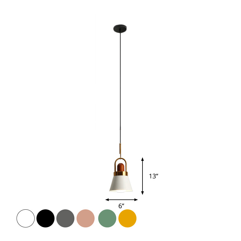 Tapered Shade Bedside Hanging Lamp Metal Single Macaron Pendant Light in Grey/White/Pink with Handle and Wood Cork Clearhalo 'Ceiling Lights' 'Pendant Lights' 'Pendants' Lighting' 1912027