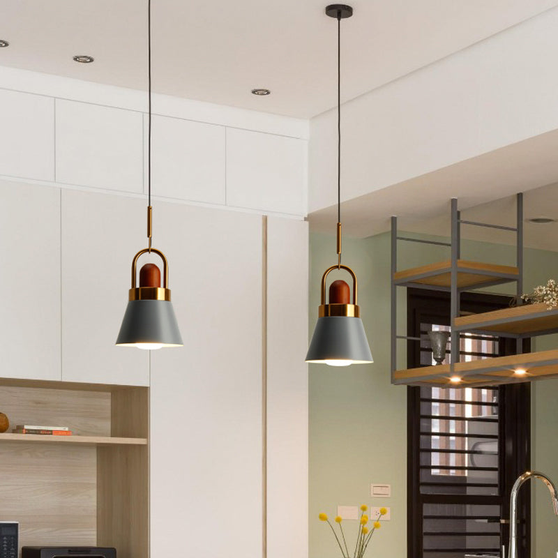 Tapered Shade Bedside Hanging Lamp Metal Single Macaron Pendant Light in Grey/White/Pink with Handle and Wood Cork Grey Clearhalo 'Ceiling Lights' 'Pendant Lights' 'Pendants' Lighting' 1912030_e2e3adec-42ce-4e4f-aa9b-08b3b9db0dd3