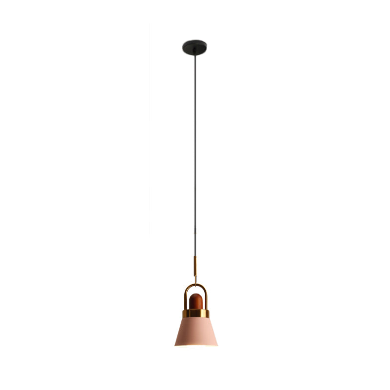 Tapered Shade Bedside Hanging Lamp Metal Single Macaron Pendant Light in Grey/White/Pink with Handle and Wood Cork Clearhalo 'Ceiling Lights' 'Pendant Lights' 'Pendants' Lighting' 1912033