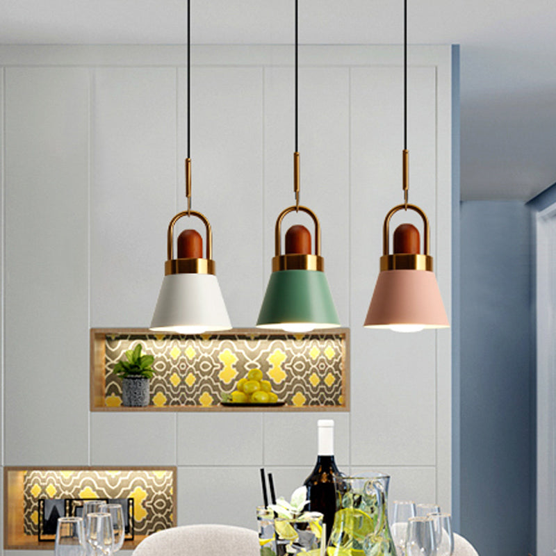 Tapered Shade Bedside Hanging Lamp Metal Single Macaron Pendant Light in Grey/White/Pink with Handle and Wood Cork Green Clearhalo 'Ceiling Lights' 'Pendant Lights' 'Pendants' Lighting' 1912034_9cde061e-47d6-4f69-9fe7-51de47a2c1b2