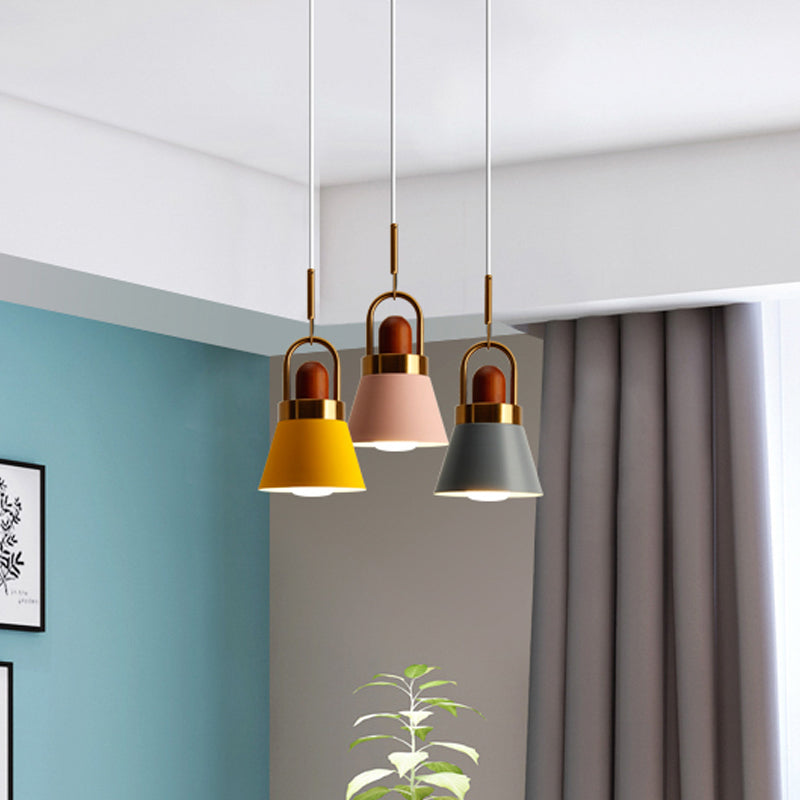 Tapered Shade Bedside Hanging Lamp Metal Single Macaron Pendant Light in Grey/White/Pink with Handle and Wood Cork Clearhalo 'Ceiling Lights' 'Pendant Lights' 'Pendants' Lighting' 1912036