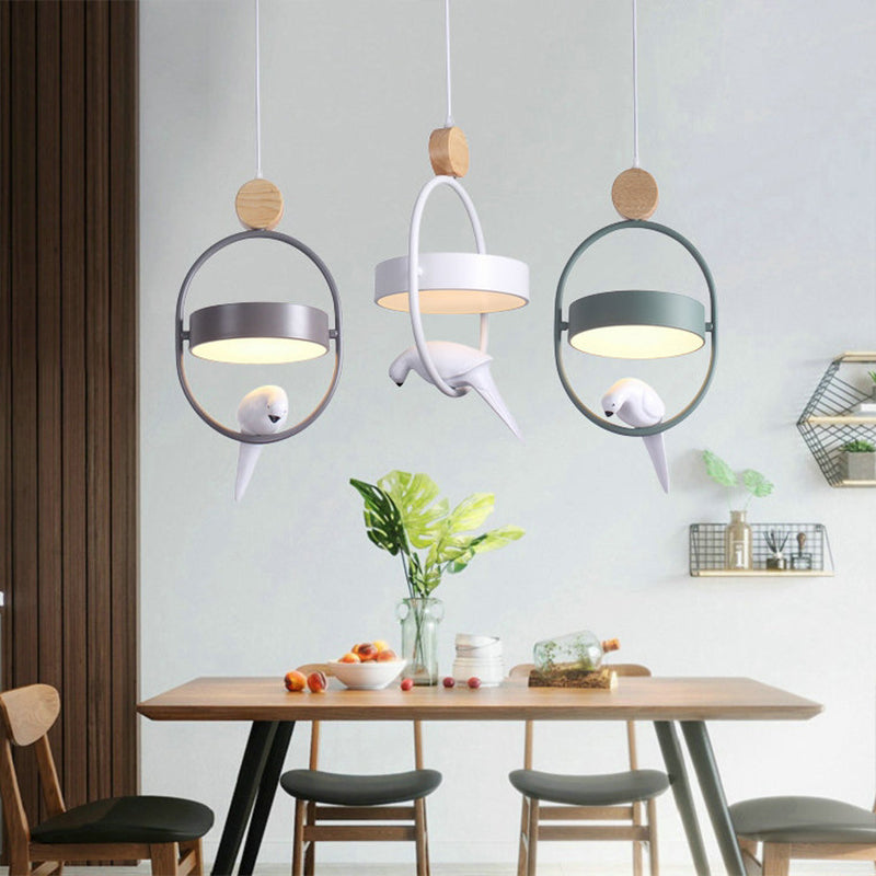 Nordic Style Ellipse Hanging Lamp Metal Single Bedside Down Lighting with Bird Decor and Round Shade in White/Grey/Green Clearhalo 'Ceiling Lights' 'Pendant Lights' 'Pendants' Lighting' 1912038