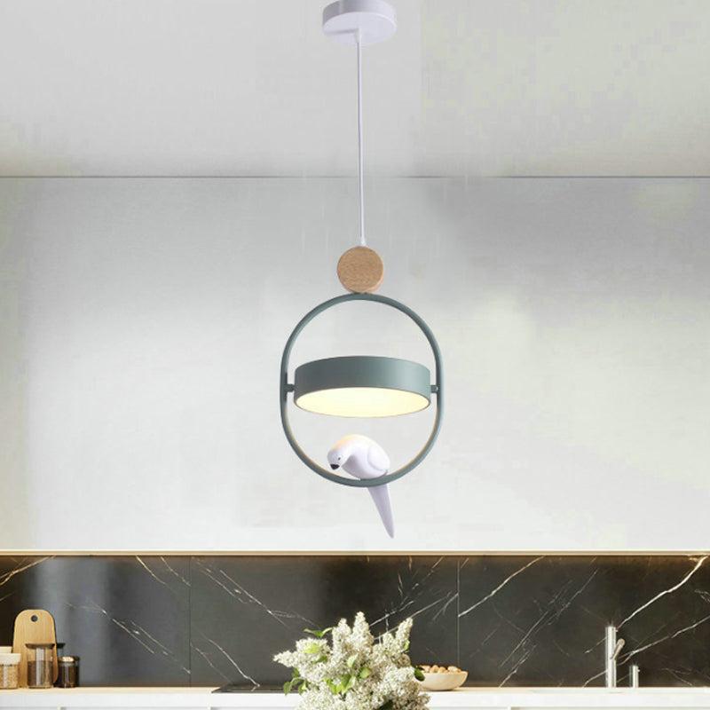 Nordic Style Ellipse Hanging Lamp Metal Single Bedside Down Lighting with Bird Decor and Round Shade in White/Grey/Green Clearhalo 'Ceiling Lights' 'Pendant Lights' 'Pendants' Lighting' 1912039