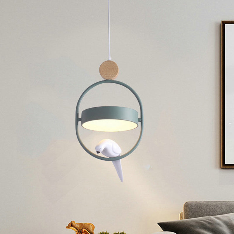 Nordic Style Ellipse Hanging Lamp Metal Single Bedside Down Lighting with Bird Decor and Round Shade in White/Grey/Green Clearhalo 'Ceiling Lights' 'Pendant Lights' 'Pendants' Lighting' 1912040