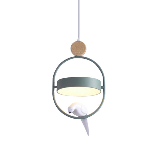 Nordic Style Ellipse Hanging Lamp Metal Single Bedside Down Lighting with Bird Decor and Round Shade in White/Grey/Green Clearhalo 'Ceiling Lights' 'Pendant Lights' 'Pendants' Lighting' 1912041