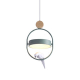 Nordic Style Ellipse Hanging Lamp Metal Single Bedside Down Lighting with Bird Decor and Round Shade in White/Grey/Green Clearhalo 'Ceiling Lights' 'Pendant Lights' 'Pendants' Lighting' 1912041