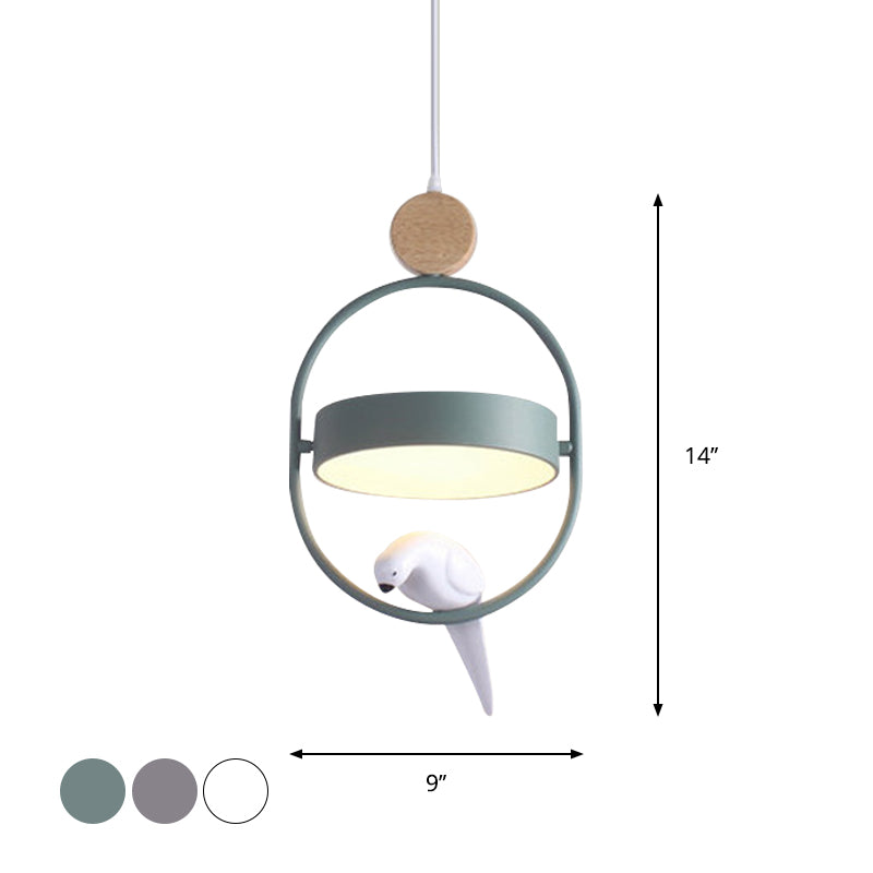 Nordic Style Ellipse Hanging Lamp Metal Single Bedside Down Lighting with Bird Decor and Round Shade in White/Grey/Green Clearhalo 'Ceiling Lights' 'Pendant Lights' 'Pendants' Lighting' 1912042