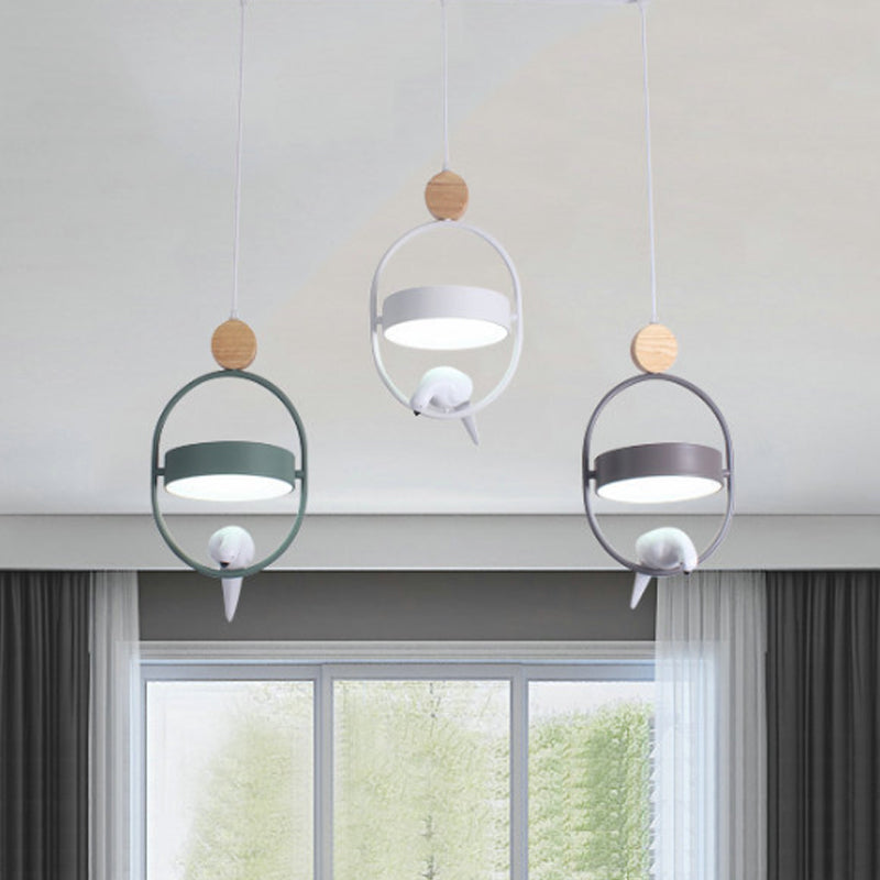 Nordic Style Ellipse Hanging Lamp Metal Single Bedside Down Lighting with Bird Decor and Round Shade in White/Grey/Green Clearhalo 'Ceiling Lights' 'Pendant Lights' 'Pendants' Lighting' 1912043