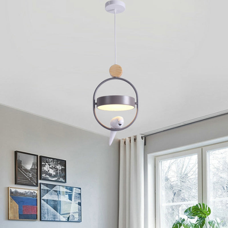 Nordic Style Ellipse Hanging Lamp Metal Single Bedside Down Lighting with Bird Decor and Round Shade in White/Grey/Green Grey Clearhalo 'Ceiling Lights' 'Pendant Lights' 'Pendants' Lighting' 1912044_e1ad7915-acf5-4985-863b-44fc1359d429