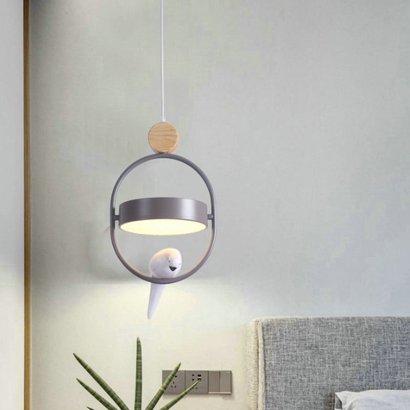 Nordic Style Ellipse Hanging Lamp Metal Single Bedside Down Lighting with Bird Decor and Round Shade in White/Grey/Green Clearhalo 'Ceiling Lights' 'Pendant Lights' 'Pendants' Lighting' 1912045