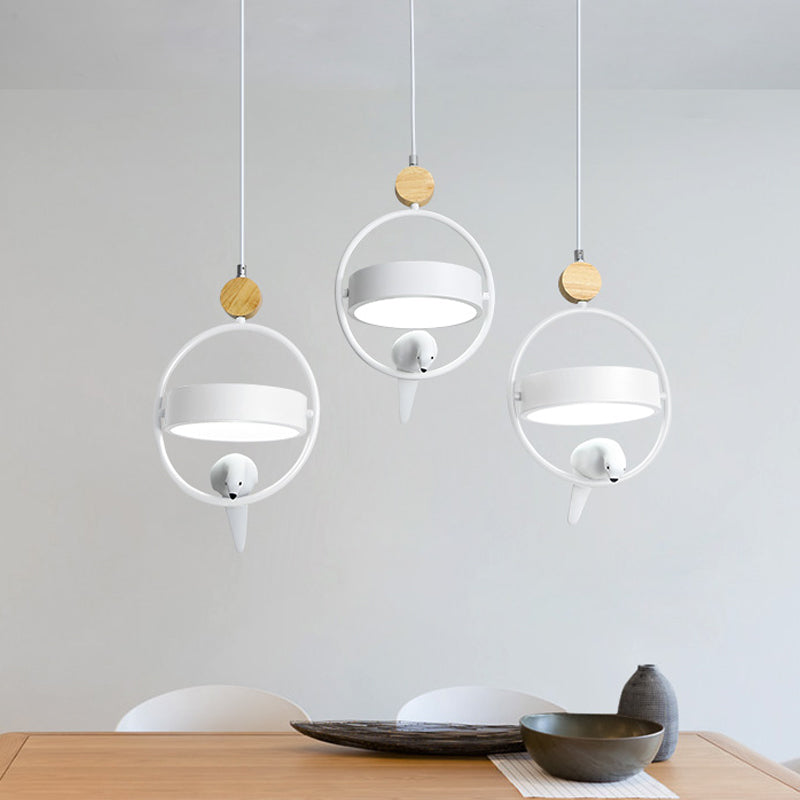 Nordic Style Ellipse Hanging Lamp Metal Single Bedside Down Lighting with Bird Decor and Round Shade in White/Grey/Green White Clearhalo 'Ceiling Lights' 'Pendant Lights' 'Pendants' Lighting' 1912047_eea54eaa-e375-4cb5-a09e-16e9e3bf2705