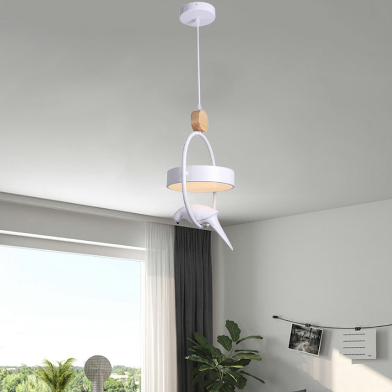 Nordic Style Ellipse Hanging Lamp Metal Single Bedside Down Lighting with Bird Decor and Round Shade in White/Grey/Green Clearhalo 'Ceiling Lights' 'Pendant Lights' 'Pendants' Lighting' 1912048