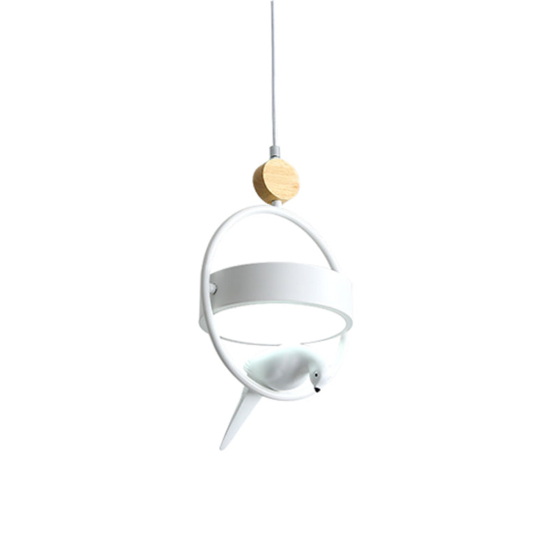 Nordic Style Ellipse Hanging Lamp Metal Single Bedside Down Lighting with Bird Decor and Round Shade in White/Grey/Green Clearhalo 'Ceiling Lights' 'Pendant Lights' 'Pendants' Lighting' 1912050