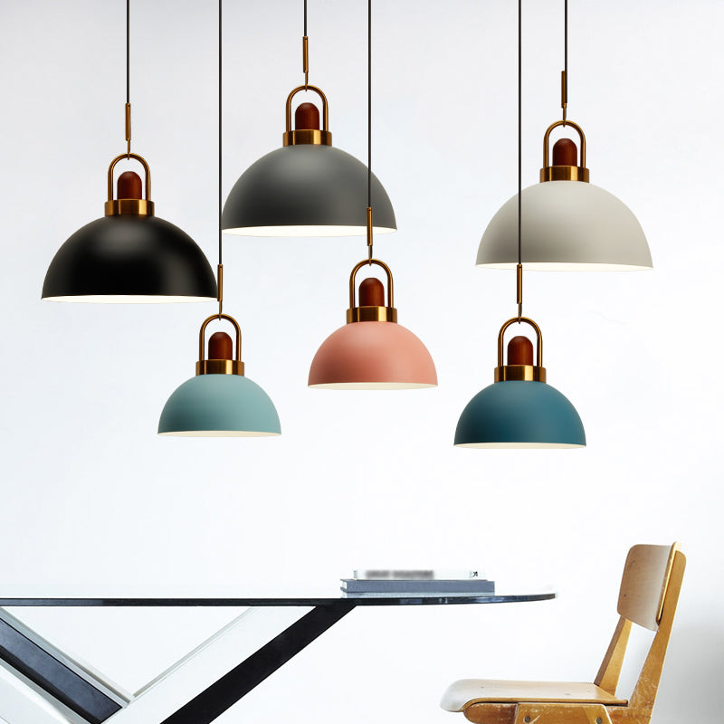 Dome Kitchen Bar Pendulum Light Iron 1 Bulb Macaron Hanging Pendant in Pink/White/Grey with Wood Top and Handle Clearhalo 'Ceiling Lights' 'Pendant Lights' 'Pendants' Lighting' 1912051