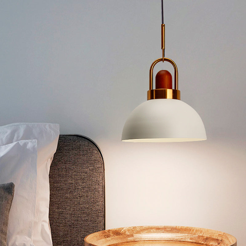 Dome Kitchen Bar Pendulum Light Iron 1 Bulb Macaron Hanging Pendant in Pink/White/Grey with Wood Top and Handle Clearhalo 'Ceiling Lights' 'Pendant Lights' 'Pendants' Lighting' 1912052