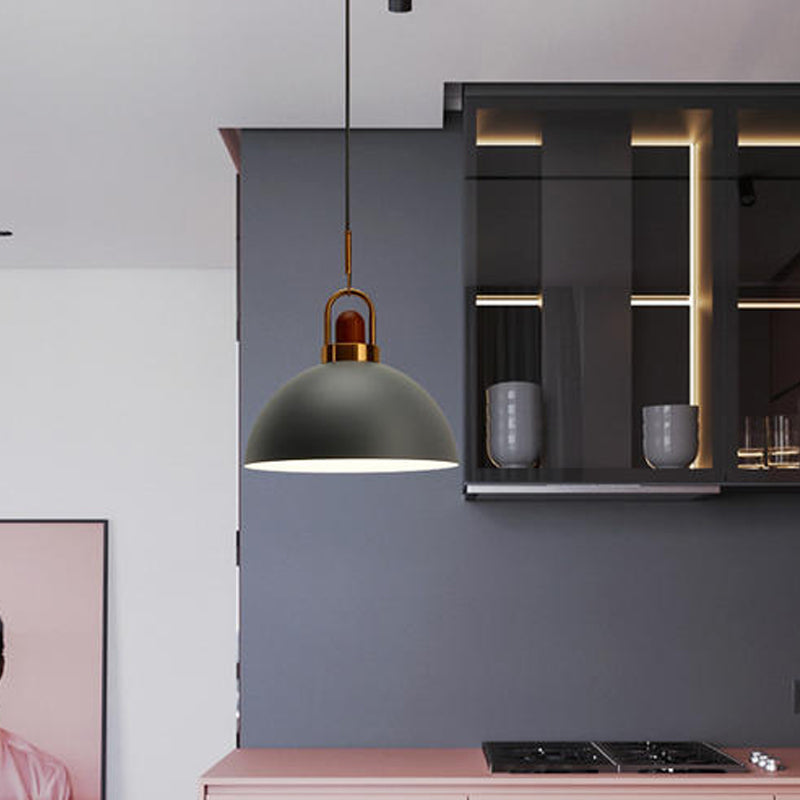 Dome Kitchen Bar Pendulum Light Iron 1 Bulb Macaron Hanging Pendant in Pink/White/Grey with Wood Top and Handle Clearhalo 'Ceiling Lights' 'Pendant Lights' 'Pendants' Lighting' 1912055