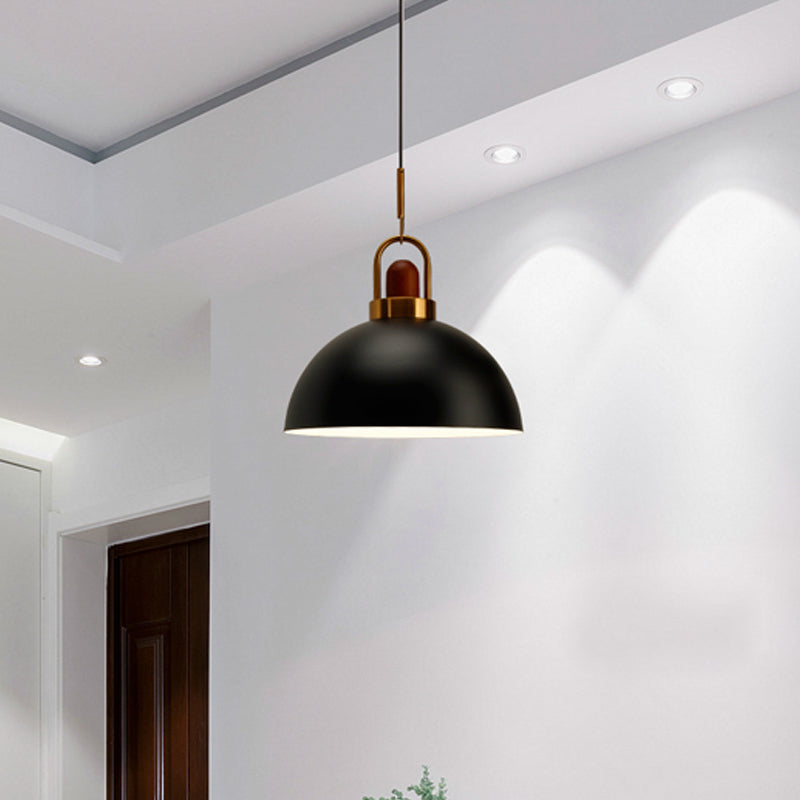 Dome Kitchen Bar Pendulum Light Iron 1 Bulb Macaron Hanging Pendant in Pink/White/Grey with Wood Top and Handle Black Clearhalo 'Ceiling Lights' 'Pendant Lights' 'Pendants' Lighting' 1912057_0fc771df-caa4-44d5-983c-c17666823c7c