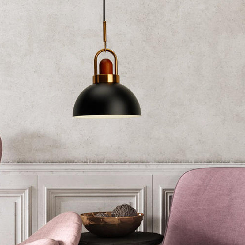 Dome Kitchen Bar Pendulum Light Iron 1 Bulb Macaron Hanging Pendant in Pink/White/Grey with Wood Top and Handle Clearhalo 'Ceiling Lights' 'Pendant Lights' 'Pendants' Lighting' 1912058